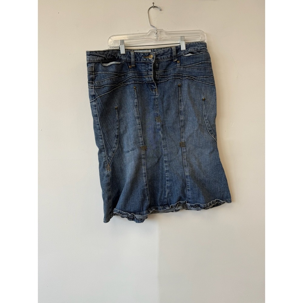 Vintage Bisou Bisou Jeans Skirt Large Blue Denim Raw Hem Distressed Pockets Y2K